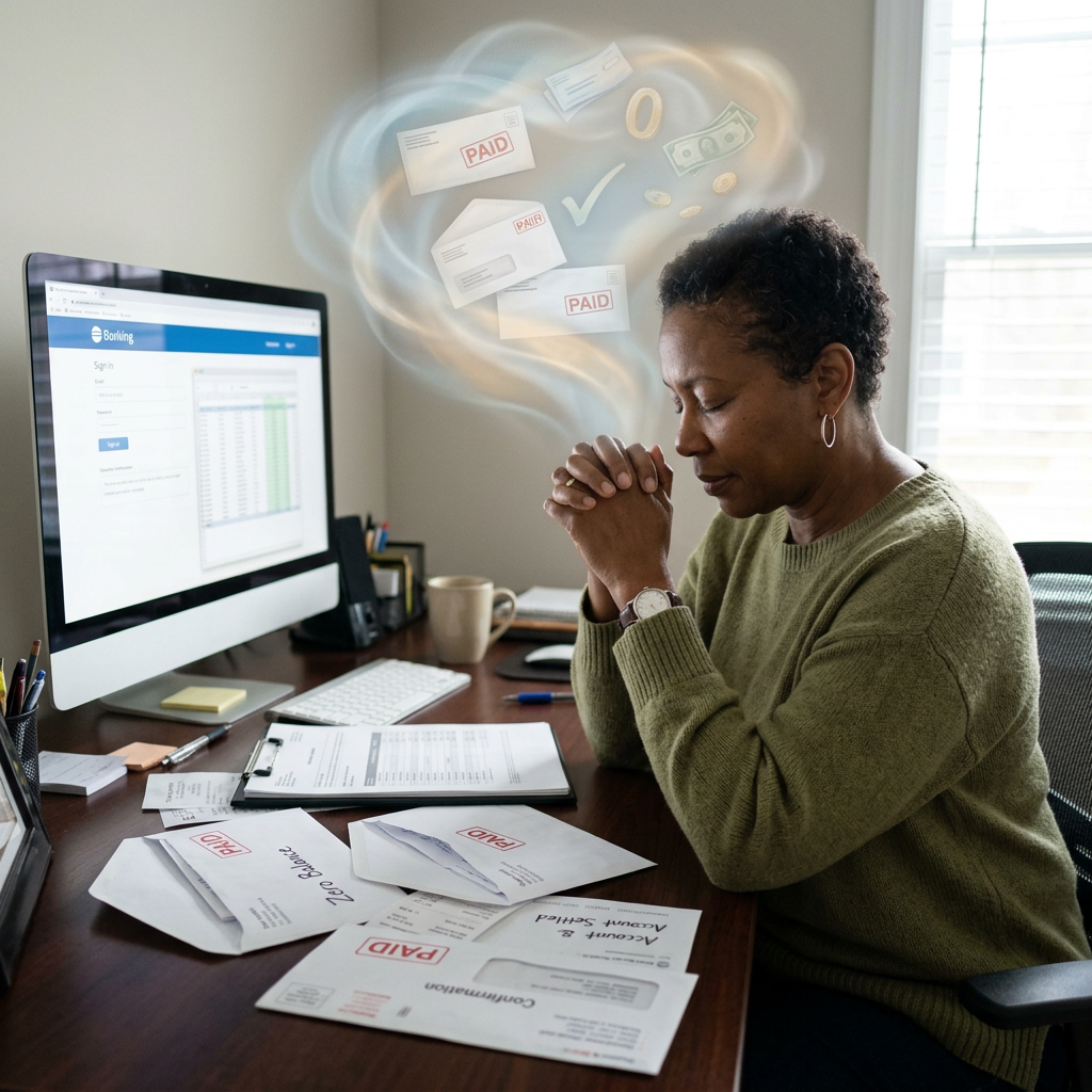 Woman with eyes closed at desk surrounded by paid bills and zero balance symbols