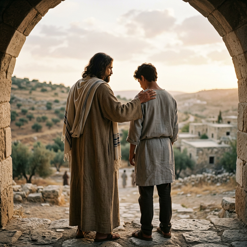 Man placing hand on young boy's shoulder standing under stone arch