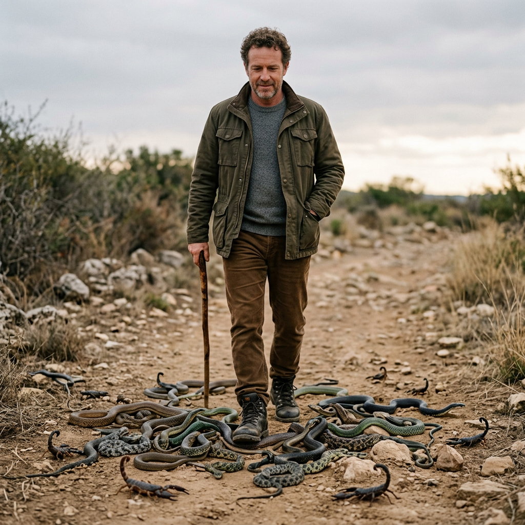 Man walking through a rocky path filled with multiple snakes and scorpions carrying a wooden stick