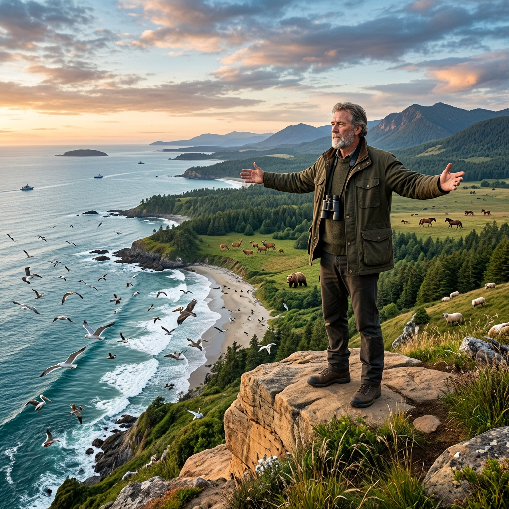 Man overseeing earth, sea, birds, animals