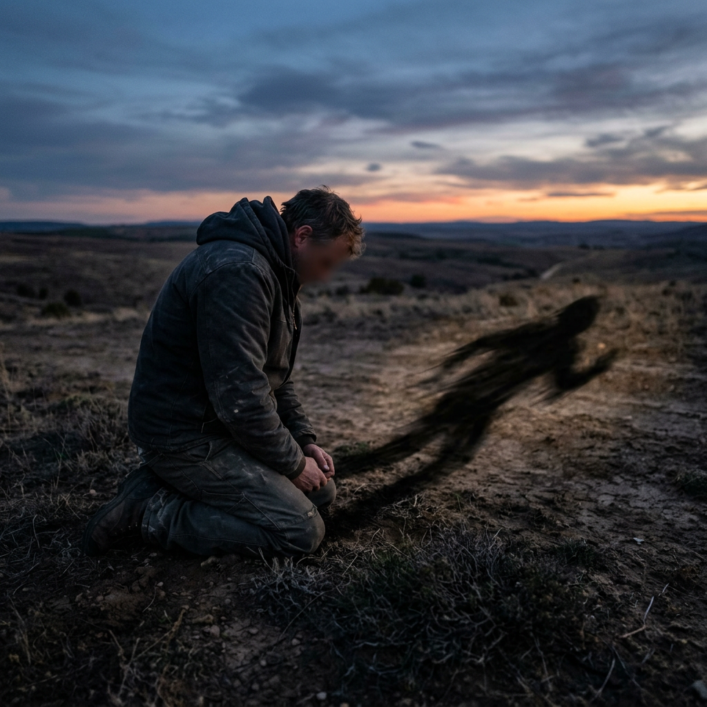Man kneeling on barren land with dark shadow figure stretching away