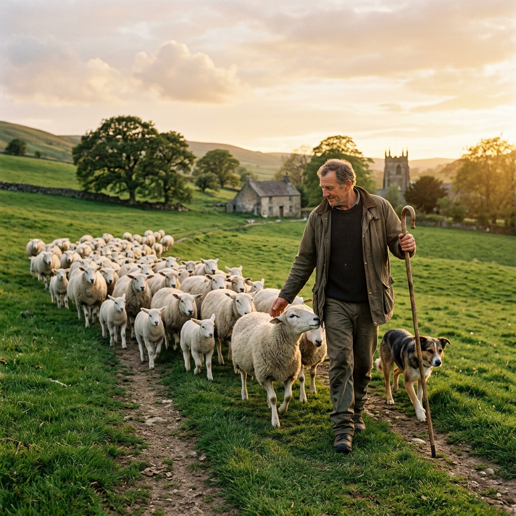 Shepherd guiding flock gently, servant leadership scene