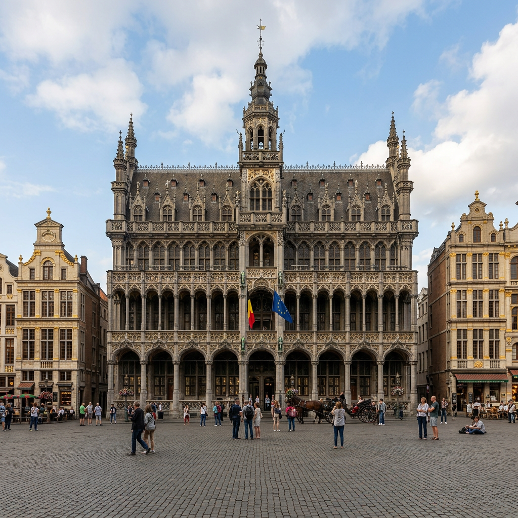 Gothic style historic building with Belgian and European Union flags in a busy public square