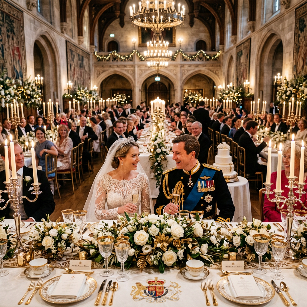 Bride and groom at royal wedding banquet toasting with guests