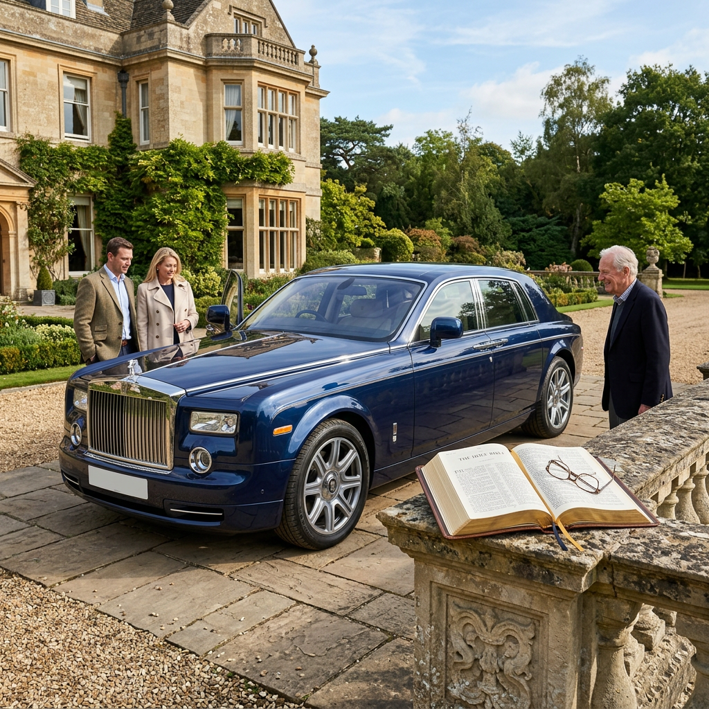 Blue luxury sedan parked in front of historic mansion with three people nearby