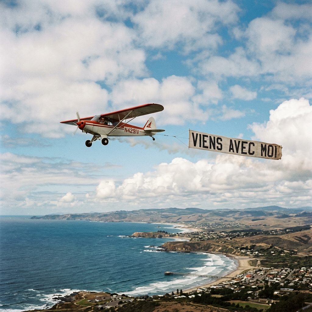 Small airplane pulling banner: Viens avec moi