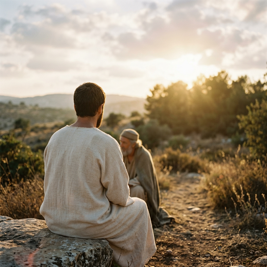Two men sitting and talking outdoors on a rocky path during sunset