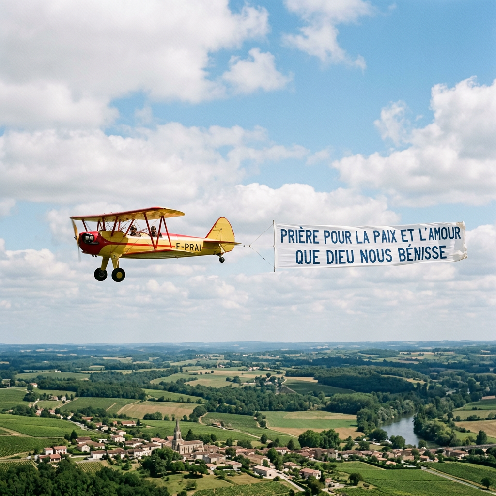 Yellow and red biplane flying over fields towing banner with French peace message