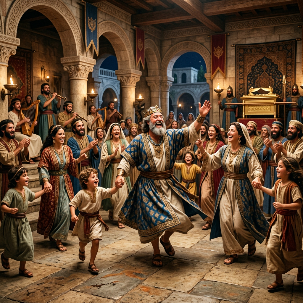 Bearded king dancing with families and musicians in a torchlit palace courtyard