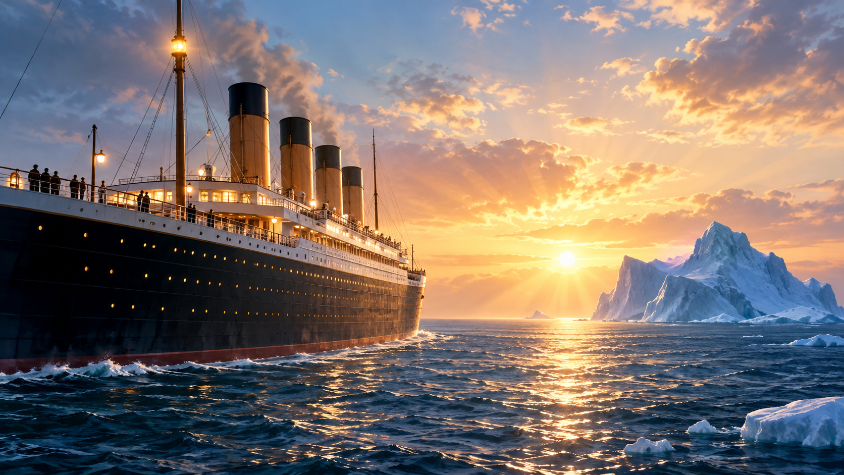 Titanic près d'un iceberg au lever du jour